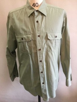 OUTDOOR LIFE, Sage Green, Cotton, Solid, Self Grid Texture, Long Sleeve Button Front, Collar Attached, 2 Flap Pockets, Brown Buttons