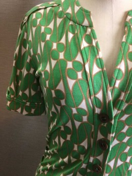 DVF, Kelly Green, Tan Brown, Ivory White, Silk, Abstract , Jersey, 4 Wooden Buttons, Pull Over, 1 Breast Pocket, Knee Length