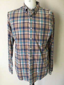 J CREW, Lt Brown, Aqua Blue, White, Navy Blue, Cotton, Plaid, Button Front, Collar Attached, Button Down Collar, Long Sleeves, 1 Pocket