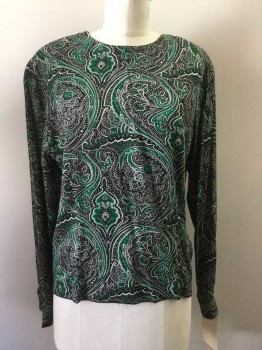JONES NY, Black, Kelly Green, White, Rayon, Paisley/Swirls, Crew Neck, Long Sleeves, Pullover, Button Back Neck