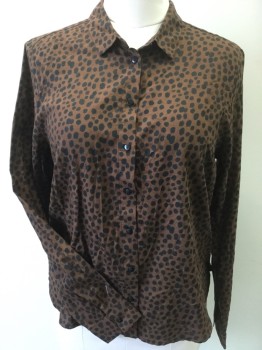 MONKL, Brown, Black, Viscose, Animal Print, Brown with Black Leopard Print, Collar Attached, Button Front, Long Sleeves,