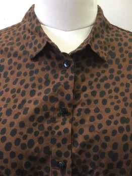MONKL, Brown, Black, Viscose, Animal Print, Brown with Black Leopard Print, Collar Attached, Button Front, Long Sleeves,