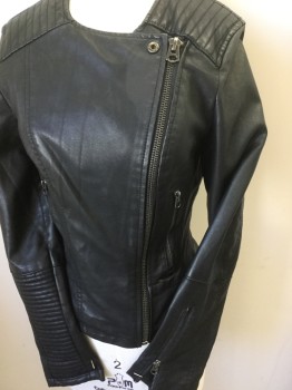 Womens, Leather Jacket, TOP SHOP, Black, Leather, Cotton, Solid, 2, Black, Round Neck,  Off Side Zip Front, Self Quilt on Shoulder, 2 Slant Pockets with Zipper, Long Sleeves with Quilt Panel & Zip He,