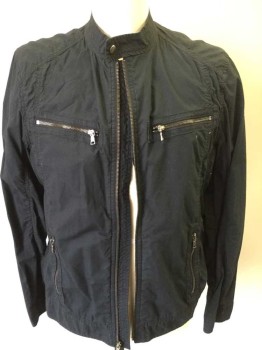 Mens, Casual Jacket, CALVIN KLEIN, Black, Cotton, Solid, M, Zipper Front, Band Collar with Snap Closure, 4 Zipper Pockets