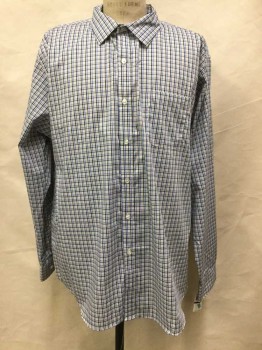 VAN HEUSEN, White, Beige, Blue, Navy Blue, Cotton, Synthetic, Plaid, White/beige/blue/navy Plaid, Button Front, Collar Attached, Long Sleeves, 1 Pocket,