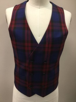 TOP MAN PREMIUM, Blue, Red, Black, Polyester, Viscose, Plaid, Double Breasted, 6 Buttons, 3 Pockets,
