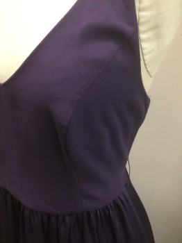 Womens, Evening Gown, WHITE/VERA WANG, Aubergine Purple, Polyester, Solid, 6, Bodice is Poly Crepe with Halter Neck, Princess Seams, Skirt is Satin, Floor Length, 1 Strap at Back Shoulders with Small Self Bow
