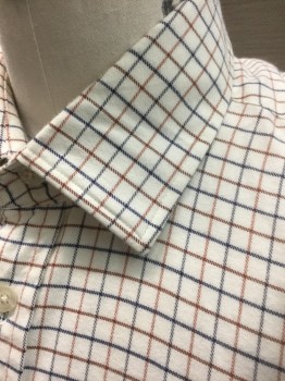 Mens, Casual Shirt, CORDINGS, White, Sienna Brown, Navy Blue, Rust Orange, Cotton, Grid , 17.5 N, Flannel, White Background with Sienna/Navy/Rust Grid, Long Sleeve Button Front, Collar Attached, 1 Patch Pocket