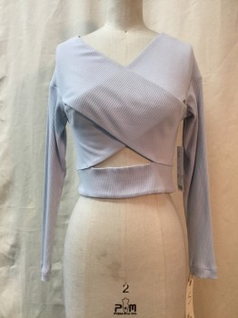 Womens, Top, URBAN OUTFITTERS, Lt Blue, Cotton, Synthetic, Solid, S, Lt Blue, Criss Cross Bust with Open Stomach Detail, Cropped, Long Sleeves, Ribbed