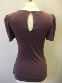 Womens, Top, EXPRESS, Dusty Purple, Polyester, Elastane, Solid, S, Gathered Short Sleeves Inset, Scoop Neck, Center Back Keyhole