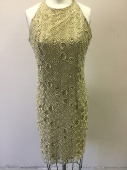 Womens, Cocktail Dress, WHT HOUSE BLK MARKET, Antique Gold Metallic, Clear, Polyester, Nylon, Medallion Pattern, 4, Gold Lace with Gold Circular Sequins and Clear Beads, Sleeveless, High Neck, Zip Back, Knee Length