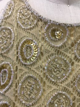 Womens, Cocktail Dress, WHT HOUSE BLK MARKET, Antique Gold Metallic, Clear, Polyester, Nylon, Medallion Pattern, 4, Gold Lace with Gold Circular Sequins and Clear Beads, Sleeveless, High Neck, Zip Back, Knee Length