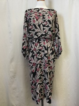 Womens, Dress, Long & 3/4 Sleeve, ISABEL MARANT, Black, White, Hot Pink, Synthetic, Floral, S/M, Wide Neck, Self Tie Waist,