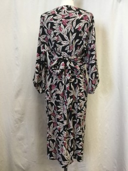 Womens, Dress, Long & 3/4 Sleeve, ISABEL MARANT, Black, White, Hot Pink, Synthetic, Floral, S/M, Wide Neck, Self Tie Waist,