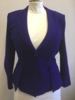 Womens, Blazer, ARMANI COLLEZIONI, Royal Blue, Acrylic, Wool, Solid, 14, Single Breasted, Peaked Lapel, 1 Dark Blue Plastic Button, Princess Seams with Pleated Detail at Either Side of Front, Fitted, No Lining