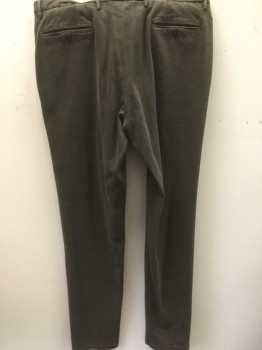 Mens, Casual Pants, BAGLIOLI, Olive Green, Cotton, Solid, 35/34, Chinos, Flat Front, Slit Pockets