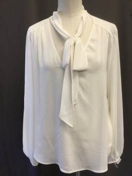 AQUA, White, Polyester, Solid, V-neck with Self Tie, Long Puff Sleeve, Gathered Shoulder Yoke, Straight Fit