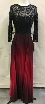 Womens, Evening Gown, MARIA CHRISTINA, Black, Red, Polyester, Sequins, Floral, Ombre, W:27, B:34, Round Neck, 3/4 Sleeves, V-back, Sheer Yoke and Sleeves, Back Zipper, Floor Length Sun-ray Pleated Skirt, Belt Loops, NO BELT