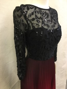 Womens, Evening Gown, MARIA CHRISTINA, Black, Red, Polyester, Sequins, Floral, Ombre, W:27, B:34, Round Neck, 3/4 Sleeves, V-back, Sheer Yoke and Sleeves, Back Zipper, Floor Length Sun-ray Pleated Skirt, Belt Loops, NO BELT