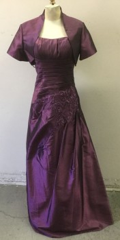 SALLY, Plum Purple, Polyester, Beaded, Solid, Floral, Boned Convertible Strapless Bodice, Back Zipper, Pleating, Beaded Lace Applique, Built in Crinoline, MATCHING JACKET, No Closures, Short Sleeves, Bolero