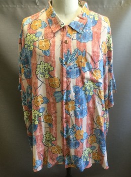 Mens, Hawaiian Shirt, TOMMY BAHAMA, Multi-color, Coral Orange, Peach Orange, Blue, Lt Yellow, Silk, Hawaiian Print, Stripes - Vertical , 5XB, Coral and Peach Vertical Stripes with Shades of Blue, Orange and Light Yellow Hibiscus Flowers, Tropical Leaves, Etc, Short Sleeve Button Front, Collar Attached, 1 Patch Pocket