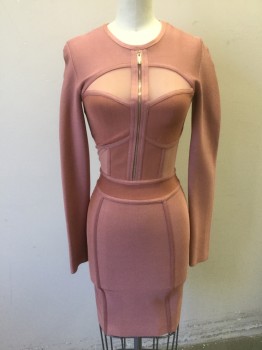 Womens, Cocktail Dress, HOUSE DE LONDON, Mauve Pink, Rayon, Elastane, Solid, XS, Stretchy Ribbed Body-con Material, Long Sleeves, Hem Mini, Sheer Mesh Panels in Geometric Formation, Gold Zipper at Center Front Bust, Invisible Zipper at Center Back