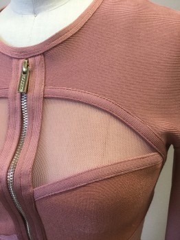 Womens, Cocktail Dress, HOUSE DE LONDON, Mauve Pink, Rayon, Elastane, Solid, XS, Stretchy Ribbed Body-con Material, Long Sleeves, Hem Mini, Sheer Mesh Panels in Geometric Formation, Gold Zipper at Center Front Bust, Invisible Zipper at Center Back