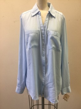 NY COLLECTION, Lt Blue, White, Polyester, Geometric, Long Sleeves, Button Front, Collar Attached, 2 Pockets,