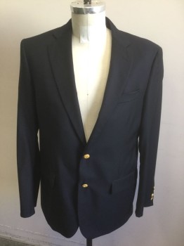 BROOKS BROTHERS, Navy Blue, Wool, Solid, Single Breasted, Notched Lapel, 2 Gold Metal Embossed Buttons, 3 Pockets,4 Cuff Buttons, Solid Navy Lining
