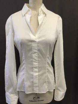 HUGO BOSS, White, Cotton, Polyester, Solid, Collar Attached, Long Sleeves, Open V-neck with Collar Button, Side Zip