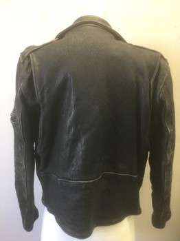 Mens, Leather Jacket, N/L, Black, Leather, Solid, Faded, 36, Aged/Faded Leather, Biker Jacket, Zip Front, Epaulettes at Shoulders, 4 Pockets, Lining is Brown/Black Tiny Check Pattern