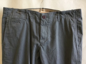 Mens, Casual Pants, GAP, Warm Gray, Cotton, Solid, 34/30, 1.5" Waistband with Belt Hoops, Flat Front, Zip Front, 5 Pockets