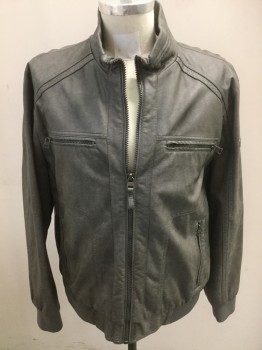 Mens, Leather Jacket, CALVIN KLEIN, Lt Gray, Polyurethane, Large, Zip Front, Zipper Pockets, Knit Collar/Cuffs/Waistband, Perforated Trim on Sleeves and Shoulders, Faux Leather
