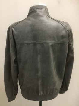 Mens, Leather Jacket, CALVIN KLEIN, Lt Gray, Polyurethane, Large, Zip Front, Zipper Pockets, Knit Collar/Cuffs/Waistband, Perforated Trim on Sleeves and Shoulders, Faux Leather