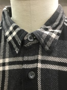 OUTDOOR LIFE, Dk Gray, Black, Off White, Cotton, Plaid, Thick Warm Flannel, Long Sleeve Button Front, Collar Attached, 2 Flap Pockets with Button Closures