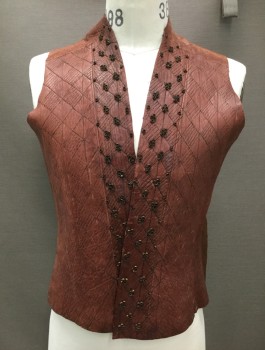 Mens, Vest, MTO, Brick Red, Caramel Brown, Copper Metallic, Leather, Beaded, Geometric, C38, V-neck, No Closures, Rides High on Back Neck, Back Yoke, Embossed Tribal Pattern, Metal Beads Front, Textured Leather Side Inserts, Unlined, Raw Edges, Medieval, Post Apocalyptic, This One Has Flaw Back Right Arms-eye From Barcoding, Multiple