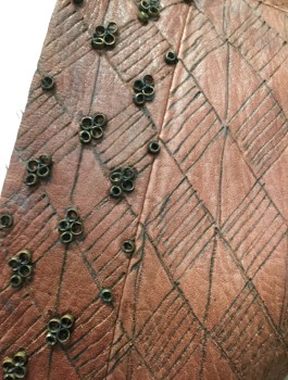 Mens, Vest, MTO, Brick Red, Caramel Brown, Copper Metallic, Leather, Beaded, Geometric, C38, V-neck, No Closures, Rides High on Back Neck, Back Yoke, Embossed Tribal Pattern, Metal Beads Front, Textured Leather Side Inserts, Unlined, Raw Edges, Medieval, Post Apocalyptic, This One Has Flaw Back Right Arms-eye From Barcoding, Multiple
