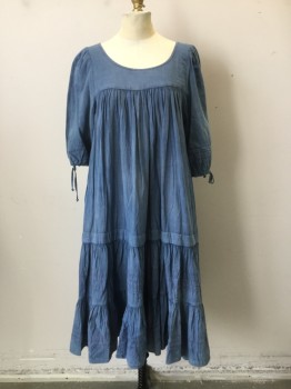 Womens, Dress, Long & 3/4 Sleeve, WHEEL, Lt Blue, Pink, Cotton, Solid, S, Recycled Vintage Cotton 70's Dress. Overdyed Blue with Pink Top Stitching, 3/4 Sleeves/ Dress Gathered to Yoke. Scoop Neck. Horizontal Top Stitching at Hemline. Vintage Stains