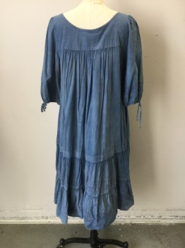 Womens, Dress, Long & 3/4 Sleeve, WHEEL, Lt Blue, Pink, Cotton, Solid, S, Recycled Vintage Cotton 70's Dress. Overdyed Blue with Pink Top Stitching, 3/4 Sleeves/ Dress Gathered to Yoke. Scoop Neck. Horizontal Top Stitching at Hemline. Vintage Stains