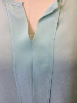 ANN TAYLOR, Aqua Blue, Silk, Solid, Open V-neck, Long Sleeves, Center Front Fold Over Detail
