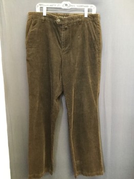 Mens, Casual Pants, GANT, Brown, Cotton, Solid, 34/32, Corduroy, 1.5" Waistband with Belt Hoops, Flat Front, Zip Front, 4 Pockets