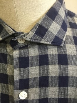 BONOBOS, Gray, Navy Blue, Cotton, Gingham, Long Sleeve Button Front, Collar Attached, Slim Fit