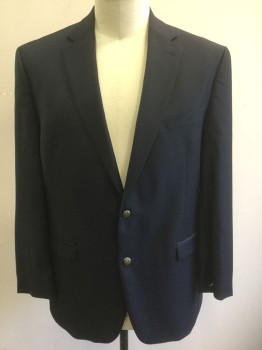 LAUREN RALPH LAUREN, Navy Blue, Wool, Solid, Dark Navy, Single Breasted, Notched Lapel, 2 Gold Metal Embossed Buttons, 3 Pockets