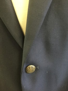 LAUREN RALPH LAUREN, Navy Blue, Wool, Solid, Dark Navy, Single Breasted, Notched Lapel, 2 Gold Metal Embossed Buttons, 3 Pockets