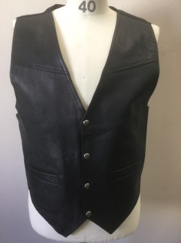 Mens, Leather Vest, PARAGRAFF, Black, Leather, Rayon, Solid, M, Snap Front, 2 Welt Pocket, Shiny Back with Adjustable Belt