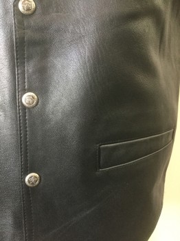Mens, Leather Vest, PARAGRAFF, Black, Leather, Rayon, Solid, M, Snap Front, 2 Welt Pocket, Shiny Back with Adjustable Belt