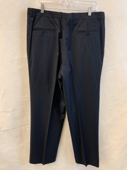ENZO TOVARE, Black, Blue, Wool, Stripes - Pin, Pleated, Zip Fly, Button Tab Closure, 4 Pockets, Belt Loops