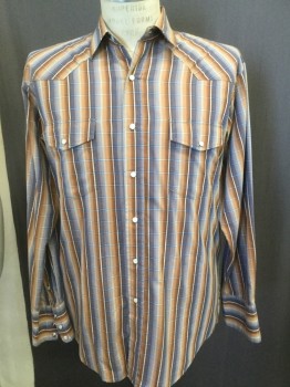 ROPER, Brown, Mustard Yellow, Gray, Cotton, Plaid, Collar Attached, Snap Front, Long Sleeves,