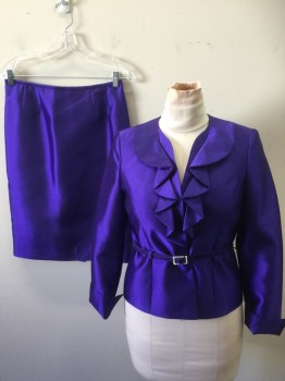 Womens, Suit, Jacket, KASPER, Purple, Polyester, Solid, B36, 4, 2 Snaps, Ruffle, Faille, Matching Belt with Rectangle Rhinestones,