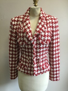 Womens, Suit, Jacket, INC, Red, White, Cotton, Acrylic, Houndstooth, 6, Boucle, Hook & Eyes Front, Collar Attached, Notched Lapel, 4 Pockets, Fringe Hem